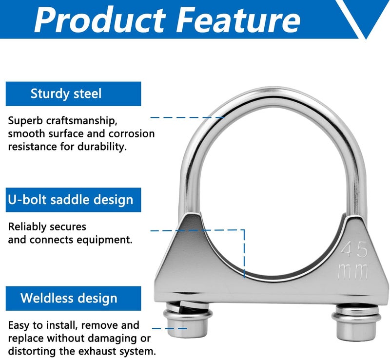 IFYKIM 1.75" U-Bolt Muffler Exhaust Clamps, Saddle Style U-Bolt Clamp Fit 1.75" OD on Tip Pipes Connection (45mm-fit 1.75" OD) - Image 3